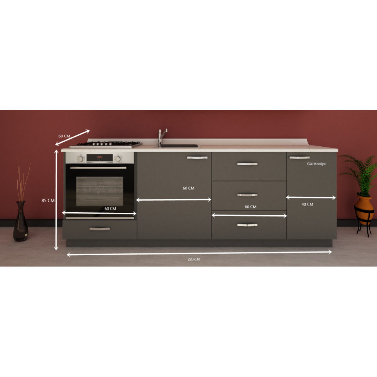 220 cm Mutfak alt dolap MDFLAM  kapaklı Hazır modüler mutfak dolabı