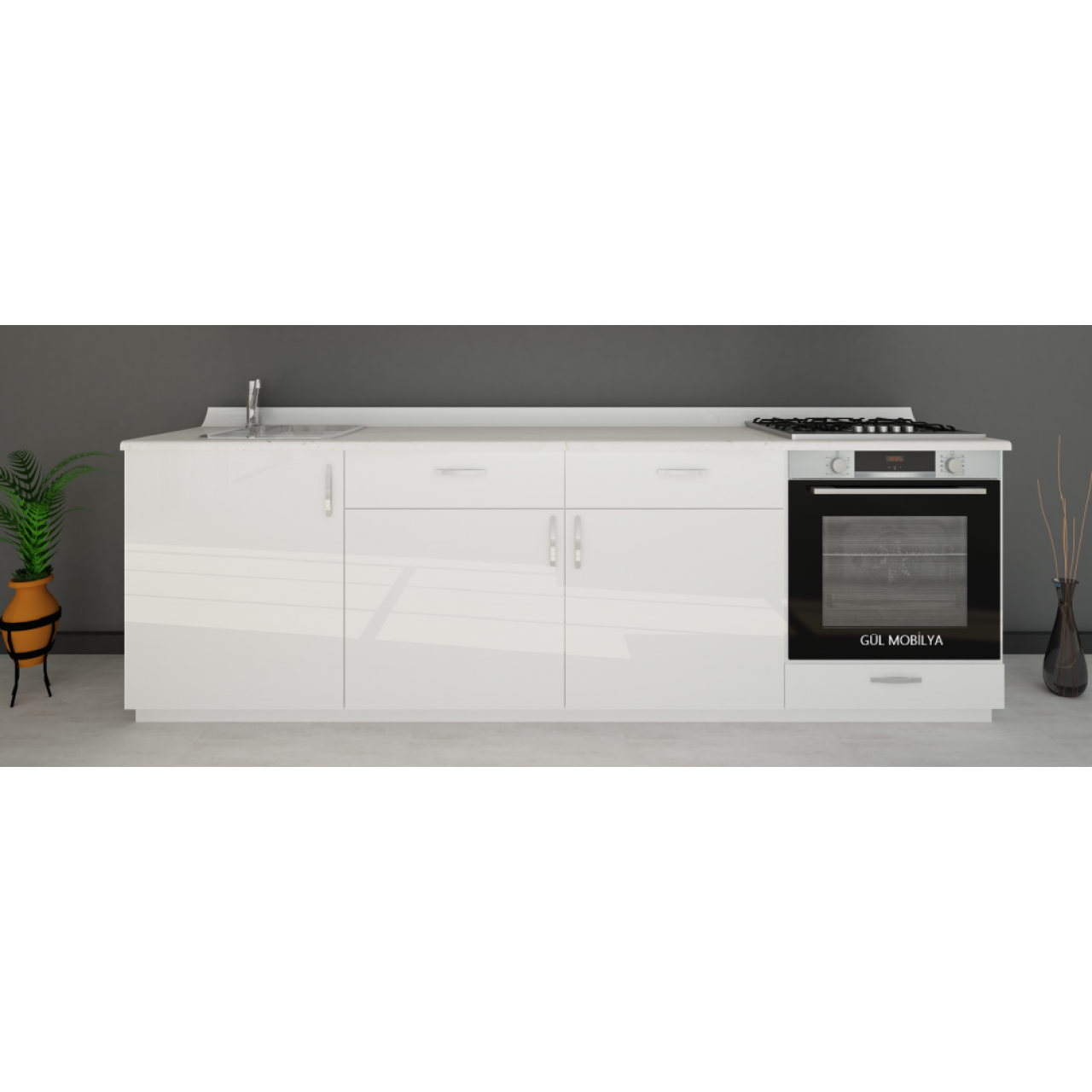 240 cm Mutfak alt dolap MDFLAM  PARLAK kapaklı Hazır modüler mutfak dolabı