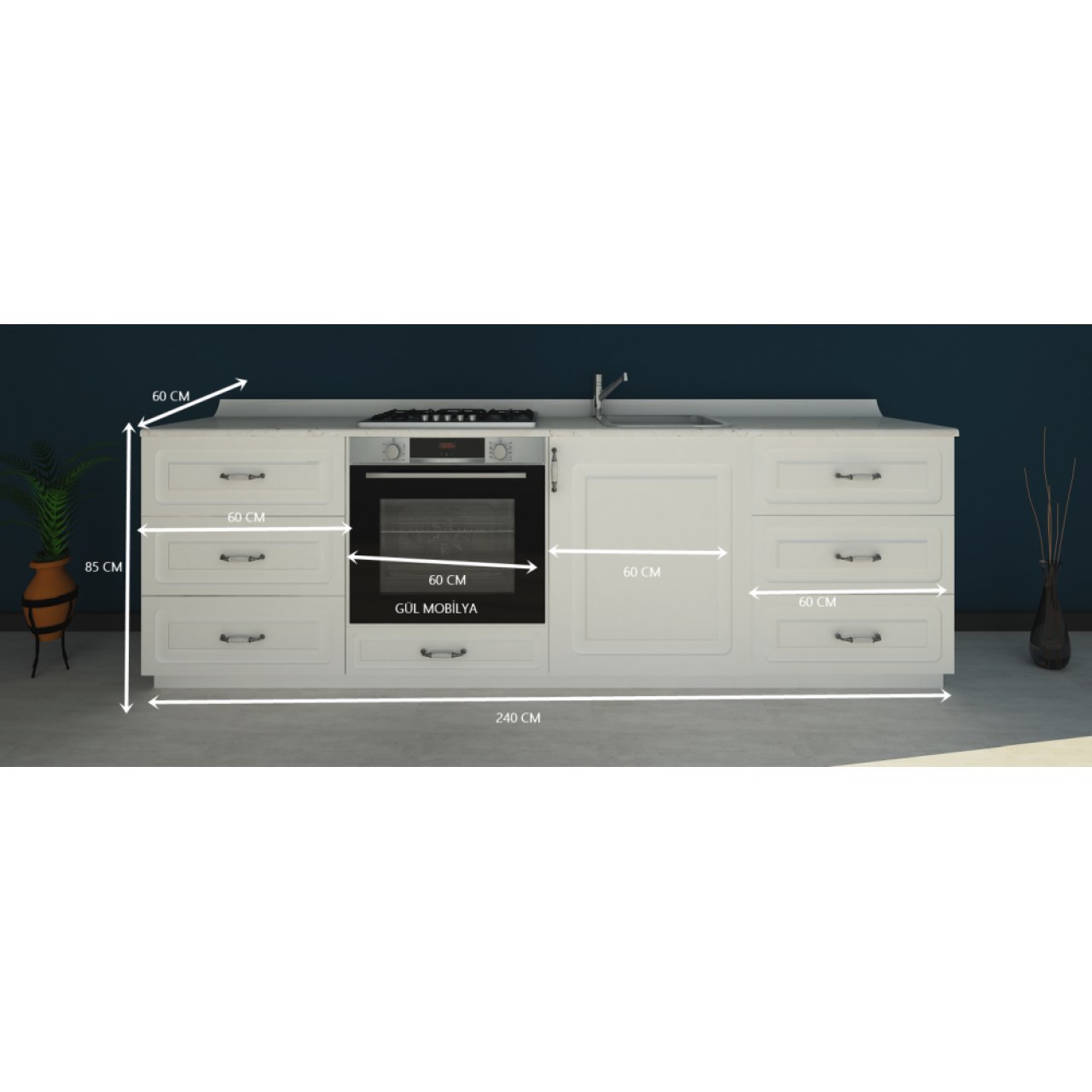 240 cm Mutfak alt dolap MEBRAN kapaklı Hazır modüler mutfak dolabı
