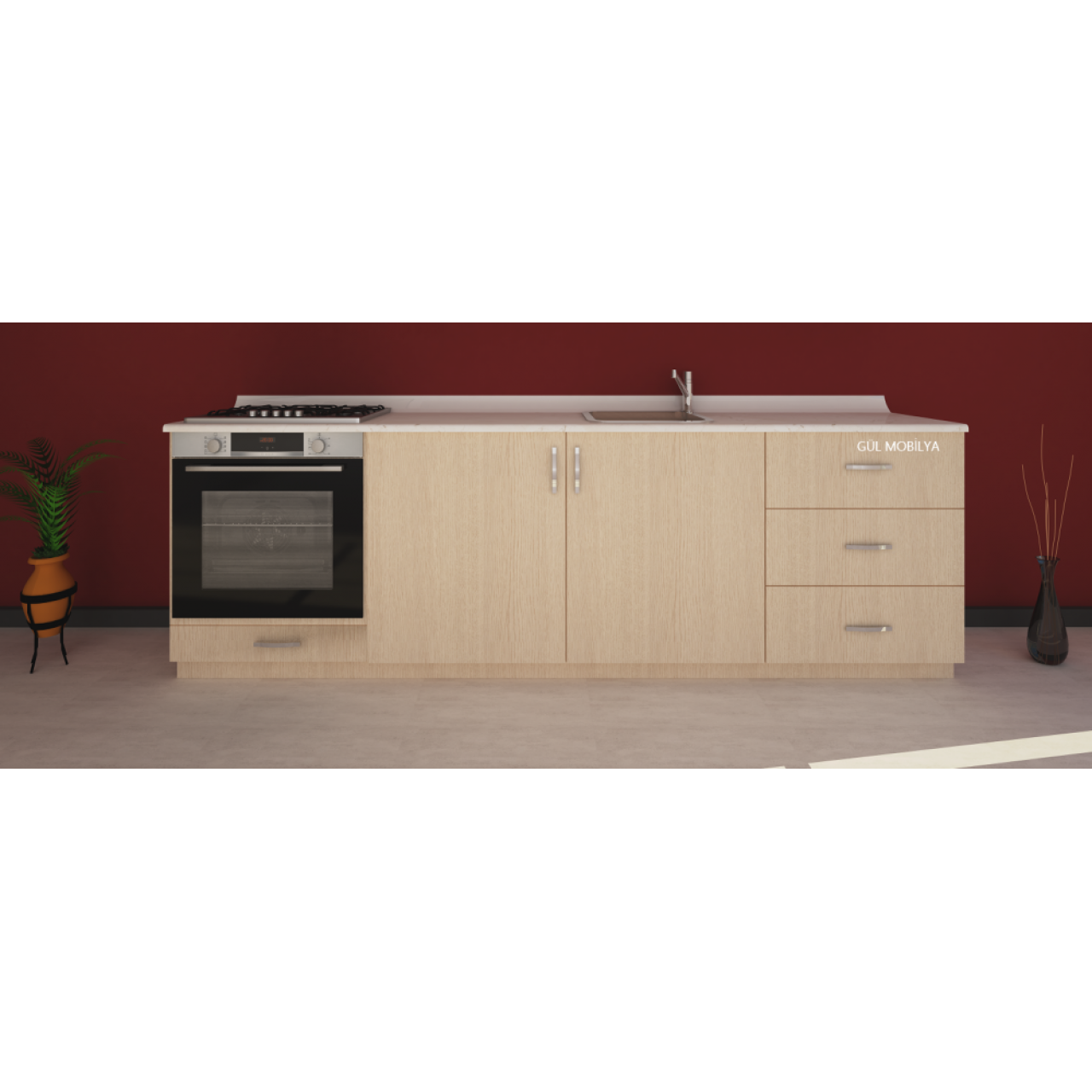 240 cm Mutfak alt dolap MELAMİN YONGA kapaklı Hazır modüler mutfak dolabı